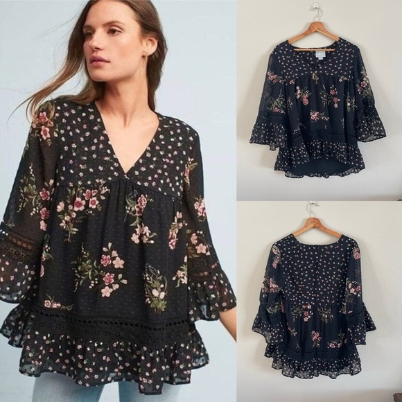 Maeve Anthropologie | Floral Swiss Dot Romantic Blouse - Picture 1 of 15